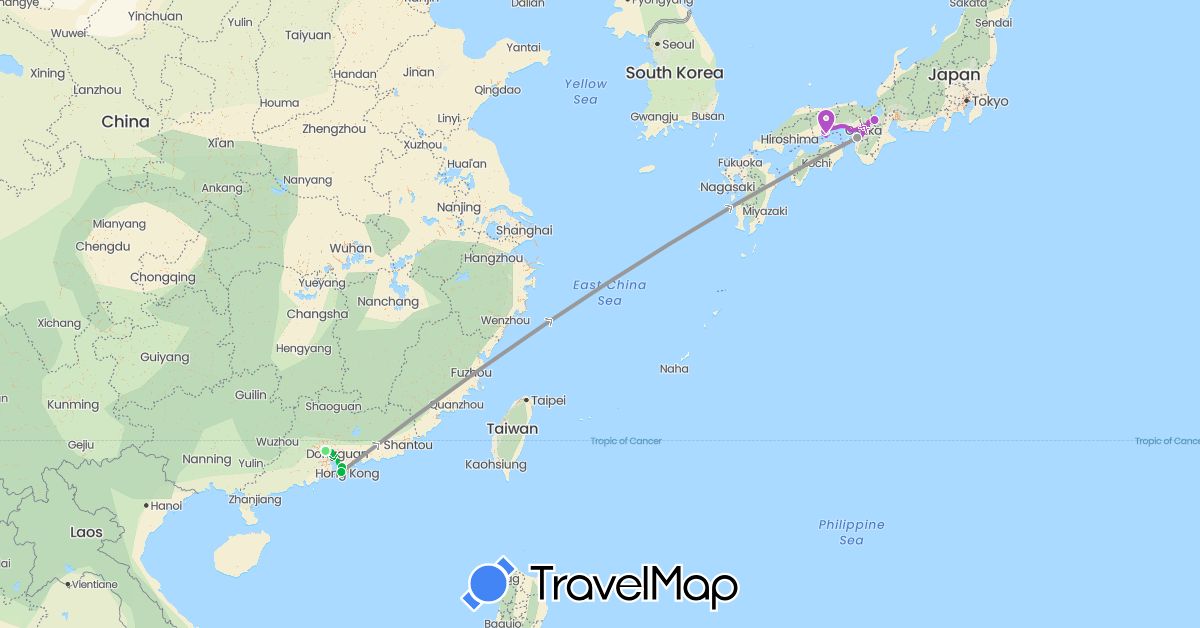 TravelMap itinerary: bus, plane, train, hiking, walking in China, Japan (Asia)